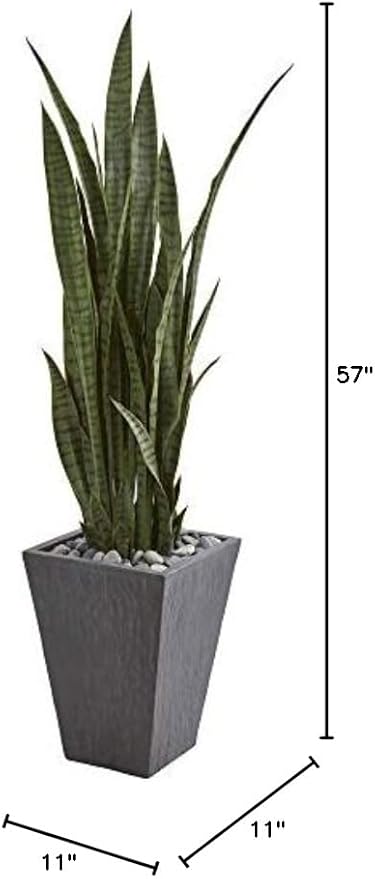 Nearly Natural 57-in Artificial Tall Snake Plant Sansevieria, Green Faux Snake Plant for Indoor Home Decor in Slate Planter, Fake Plant in Office, Living Room, Bedroom, Lifelike Artificial Plant