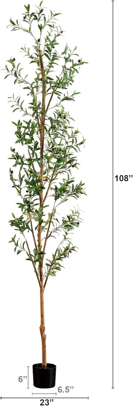 Nearly Natural 9FT Tall Silk Faux Olive Tree for Home and Office Decor, Potted with Natural Wood Trunk, Realistic Branches and Lifelike Fruits