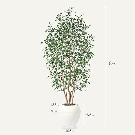 8FT Artificial Ficus Tree, Indoor Faux Ficus Plant with Realistic Leaves & Natural Wood Trunk, 8ft Tall, Green, All Seasons, Perfect for Living Room Home Decor