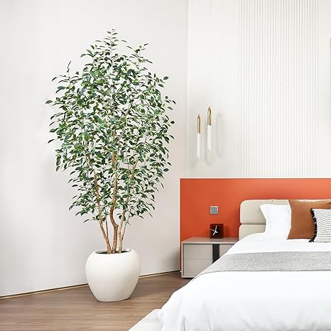 8FT Artificial Ficus Tree, Indoor Faux Ficus Plant with Realistic Leaves & Natural Wood Trunk, 8ft Tall, Green, All Seasons, Perfect for Living Room Home Decor