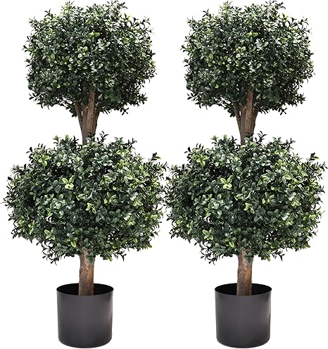 3Ft-35'' Artificial Boxwood Double Ball Topiary Trees,2PACK Faux Topiaries Tree Store Garden Indoor&Outdoor for Porch Home Decor