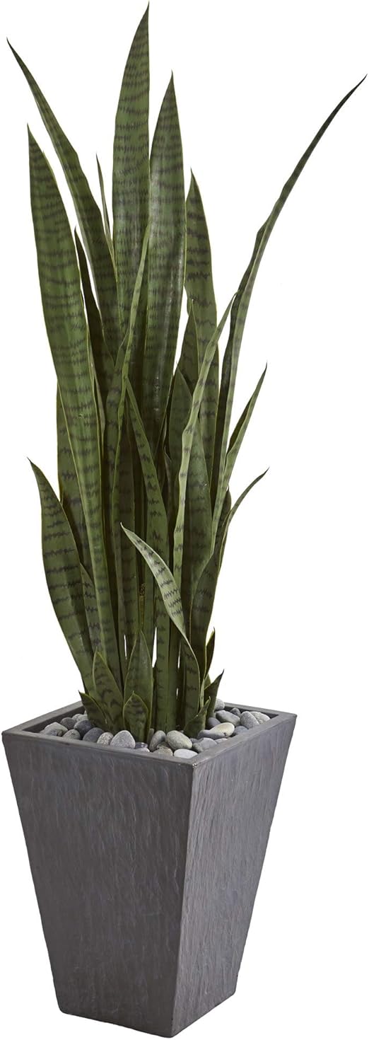 Nearly Natural 57-in Artificial Tall Snake Plant Sansevieria, Green Faux Snake Plant for Indoor Home Decor in Slate Planter, Fake Plant in Office, Living Room, Bedroom, Lifelike Artificial Plant