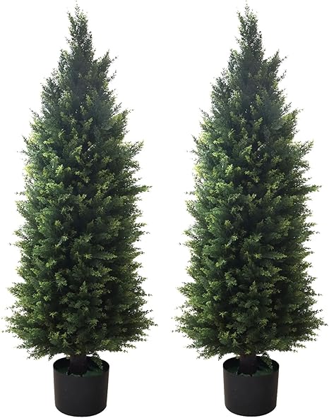 Artificial Topiary Tree 2-Set - Beautiful Realistic Faux Cedar Pines, 4 Feet Tall, UV Protection for Longer Life, 6" Wide Heavy Duty Pots for Outdoor & Indoor Decor